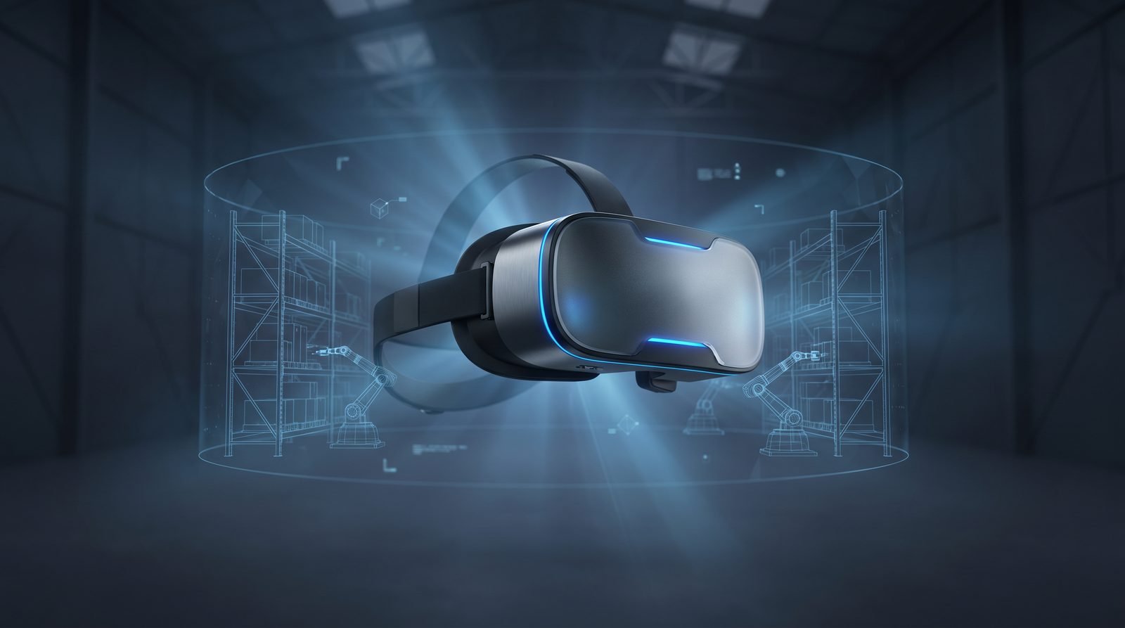 Casco de realidad virtual con una simulación 3D de un almacén industrial