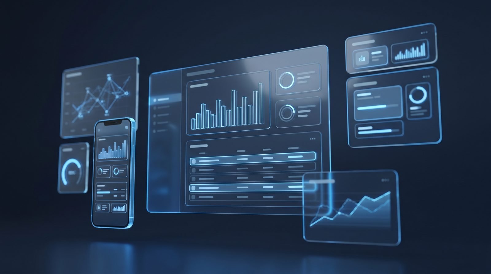 Paneles de un software de gestión a medida con gráficas y datos en pantalla y móvil